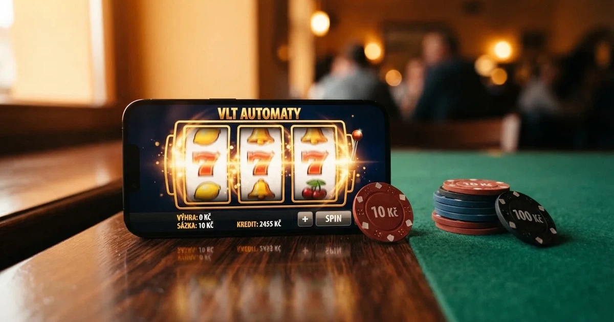 Koláž: online automat s roztočenými válci, zvýrazněný nápis „free spiny“ a české koruny na pozadí