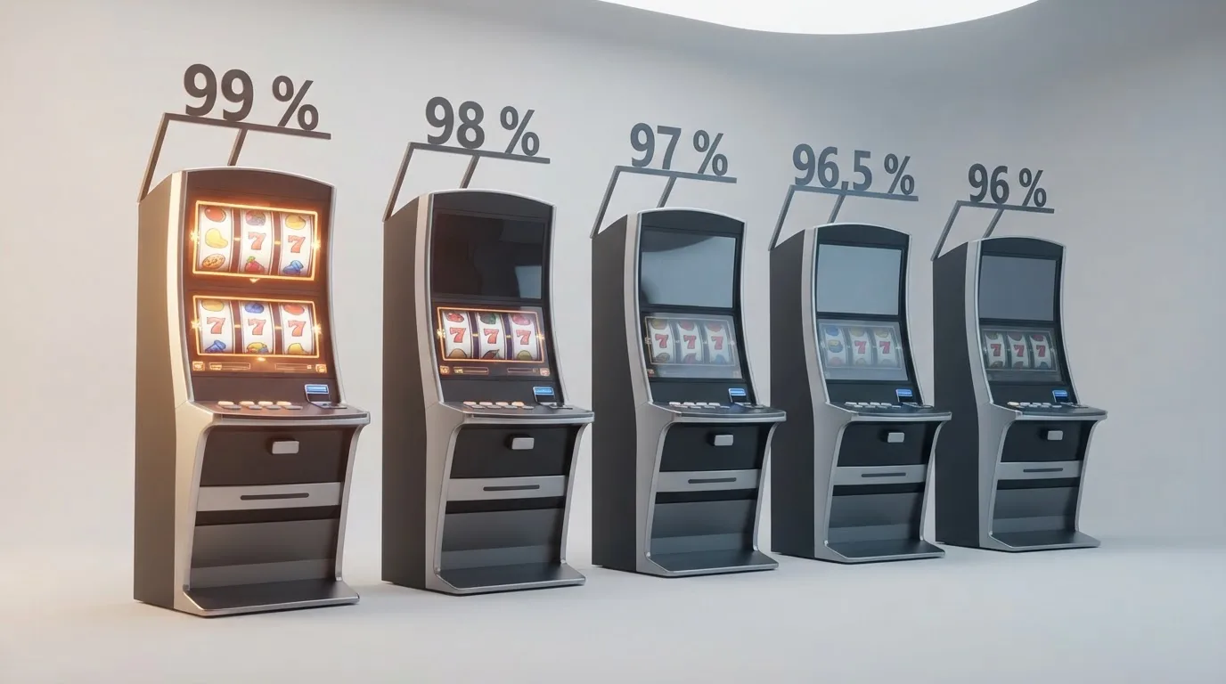 Pět automatů seřazených vedle sebe s vyznačenou hodnotou RTP od nejvyšší po nejnižší