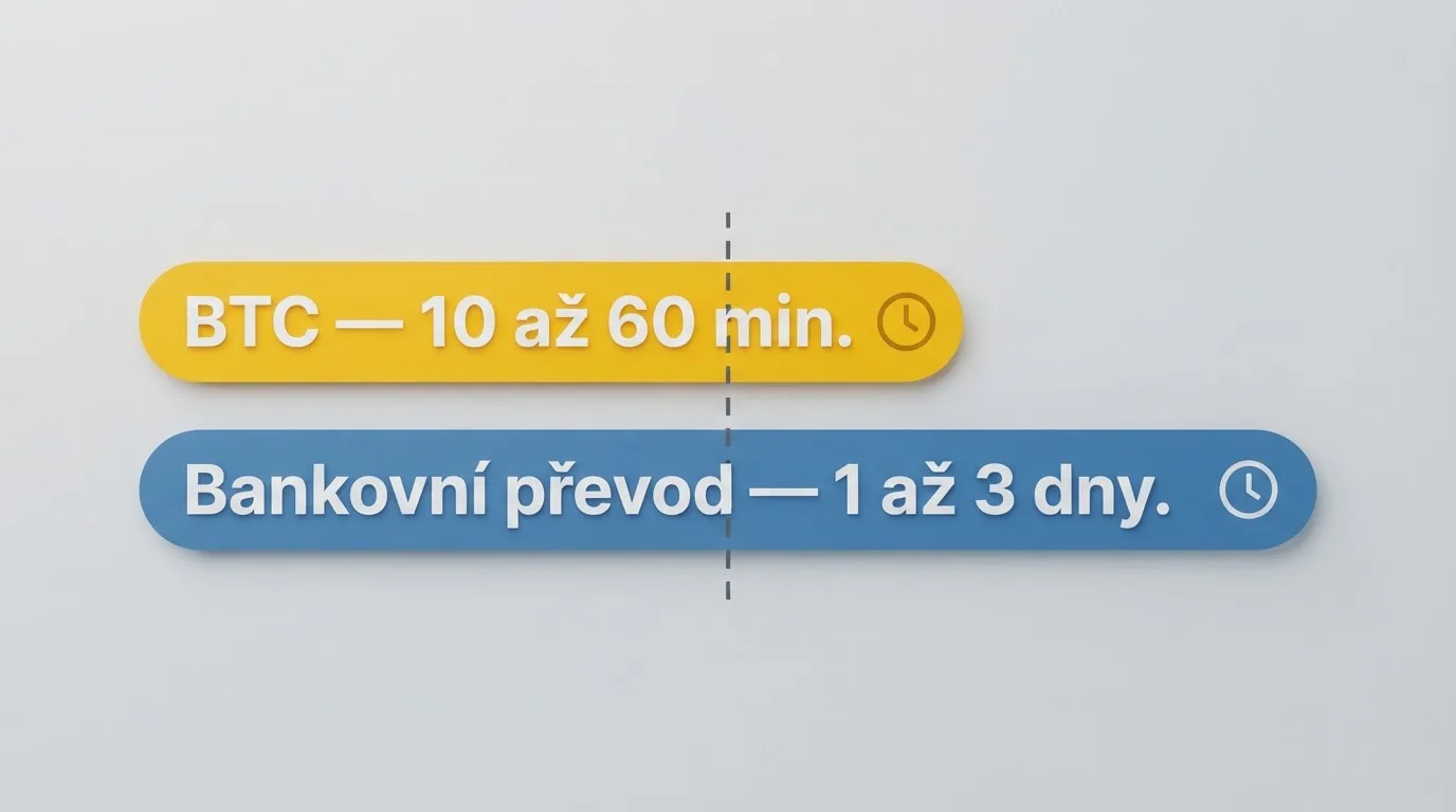 Časová osa porovnávající výběr bitcoinem (minuty) a bankovním převodem (dny)