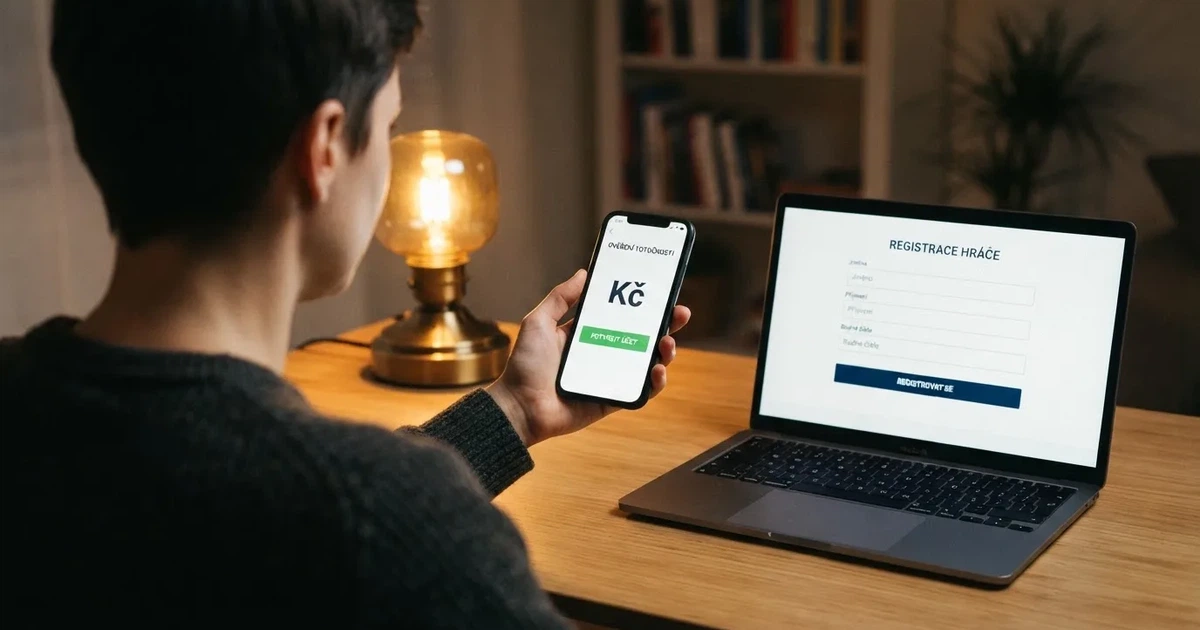 Hráč u notebooku s mobilem v ruce, na obrazovce formulář registrace do online casina