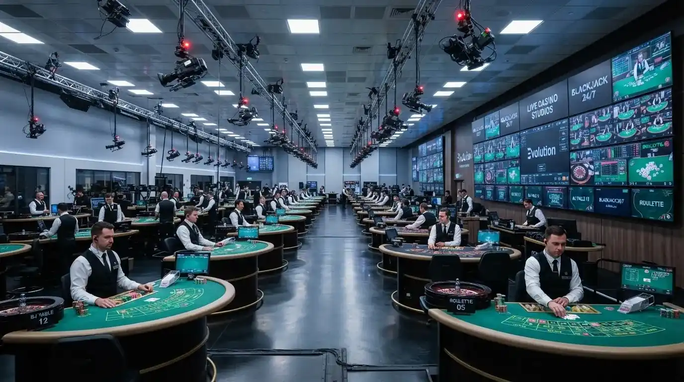 Interiér moderního live casino studia s několika ruletovými a blackjackovými stoly pod profesionálním osvětlením