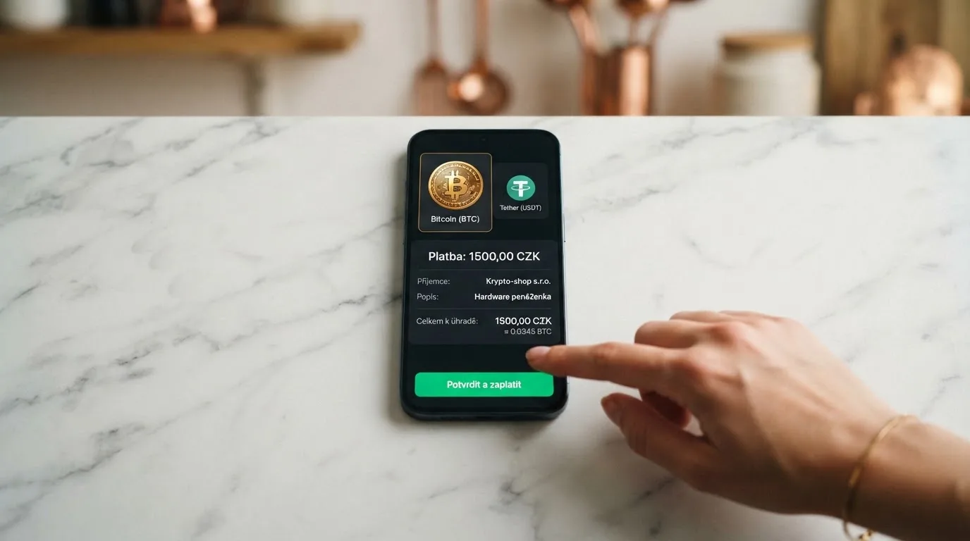 Mobilní telefon zobrazující kryptoměnovou platební bránu s Bitcoinem a USDT