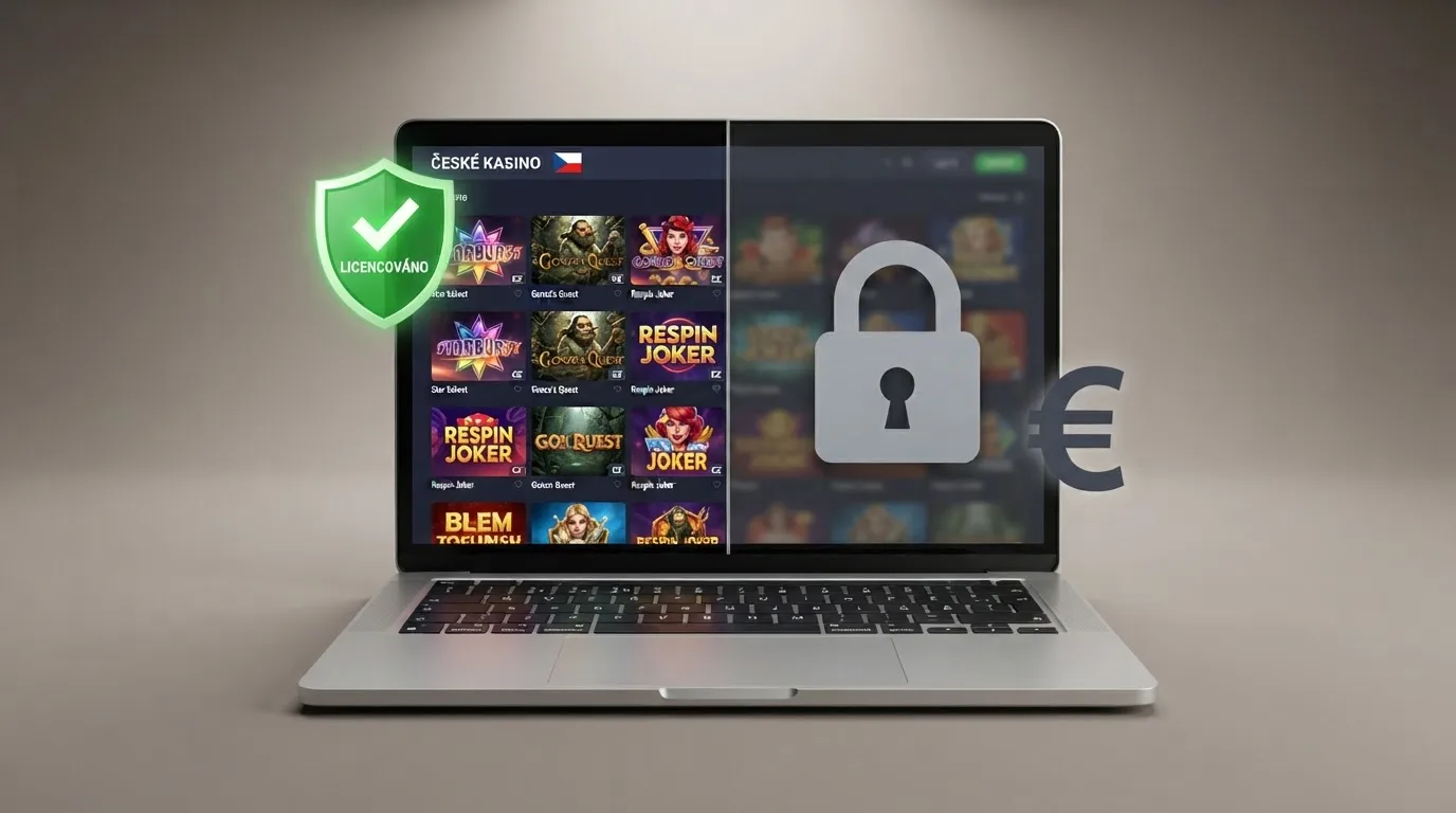 Dokument s razítkem Ministerstva financí ČR vedle obrazovky s logy licencovaných online casin — v pozadí šedá obrazovka s eurem a nápisem „zahraniční casino“