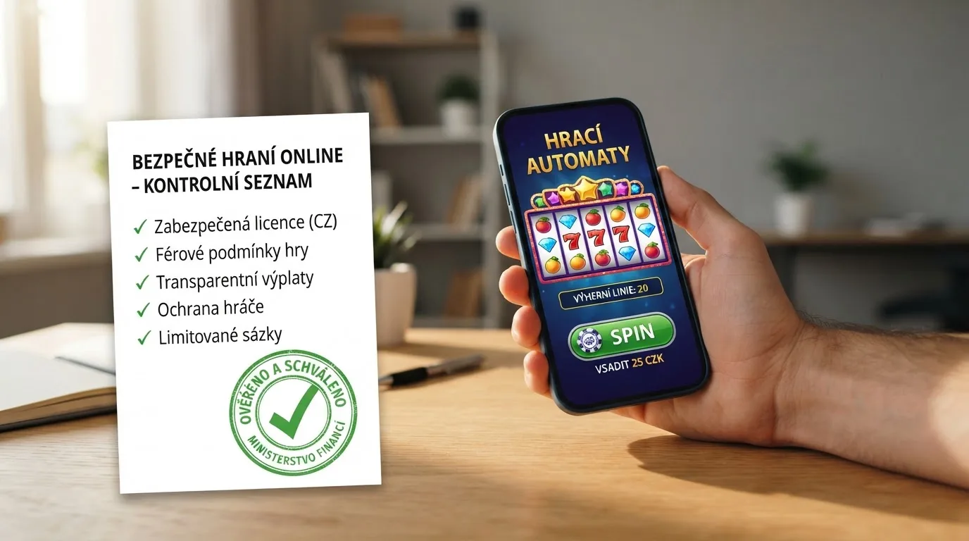 Úřední dokument s razítkem Ministerstva financí ČR vedle symbolu online casina na monitoru