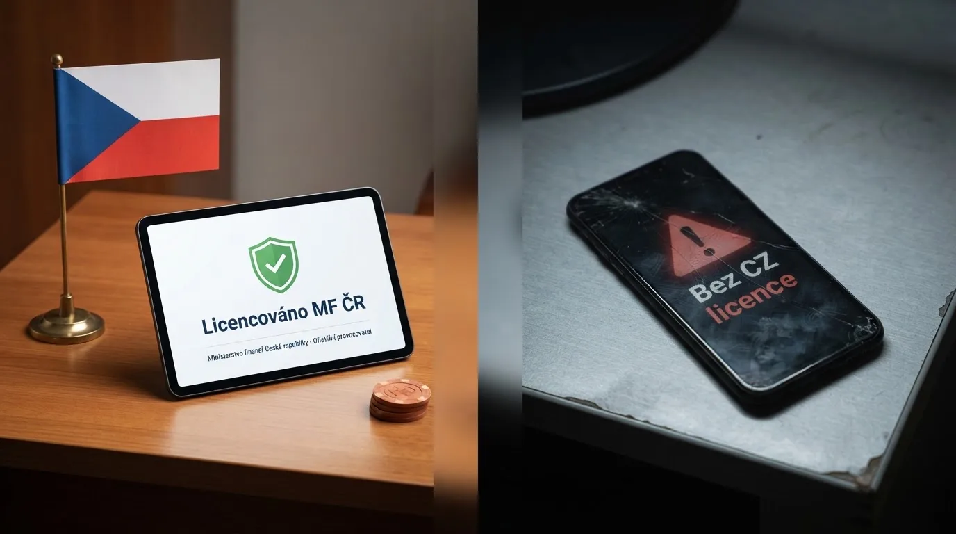 Symbolické znázornění — na jedné straně logo MF ČR a česká vlajka s nápisem „licencované casino“, na druhé varovný symbol s nápisem „bez CZ licence“