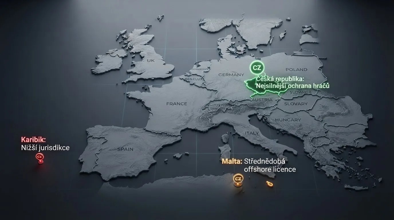 Výřez evropské mapy s vyznačenými licencemi — Česká republika, Malta, Curaçao