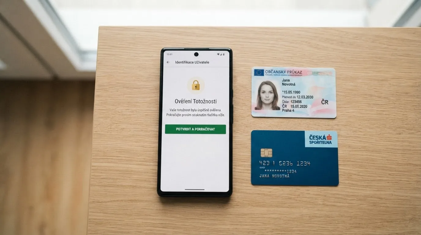 Mobilní telefon s načtenou stránkou BankID vedle občanského průkazu a platební karty