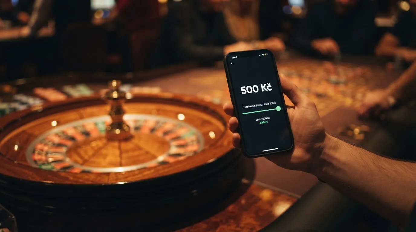 Úřední dokument s razítkem Ministerstva financí ČR vedle symbolických prvků hazardní regulace — ruleta, paragraf a číslice 500 Kč jako limit sázky