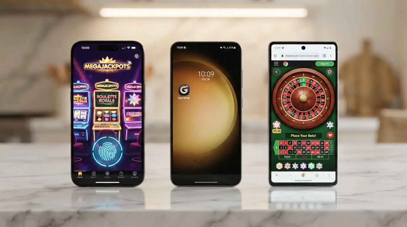 Tři displeje telefonu vedle sebe — nativní casino aplikace s biometrickým přihlášením, PWA ikona na ploše iPhonu a casino otevřené v mobilním prohlížeči