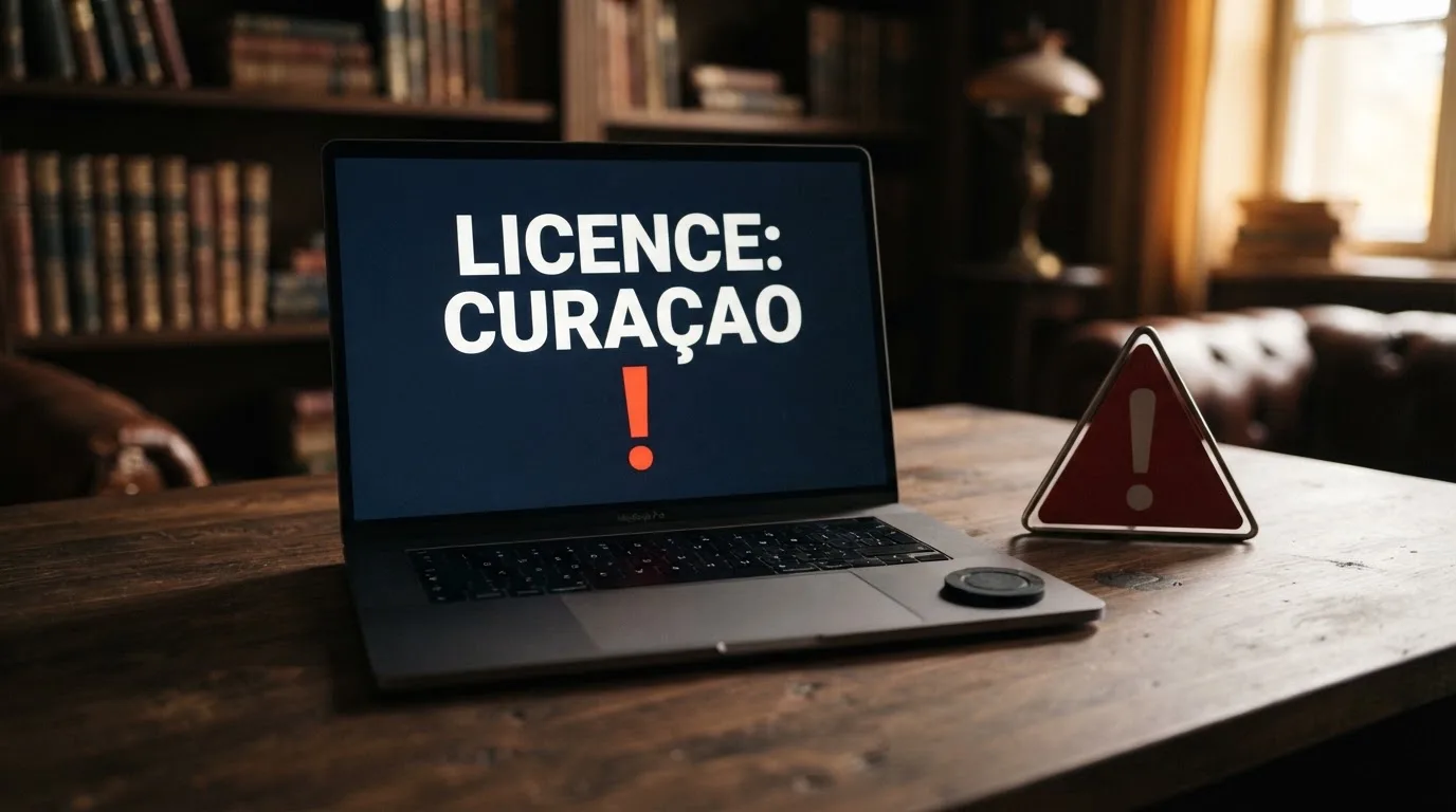 Úřední dokument s razítkem vedle displeje s nápisem „Licence: Curaçao“ a červeným vykřičníkem