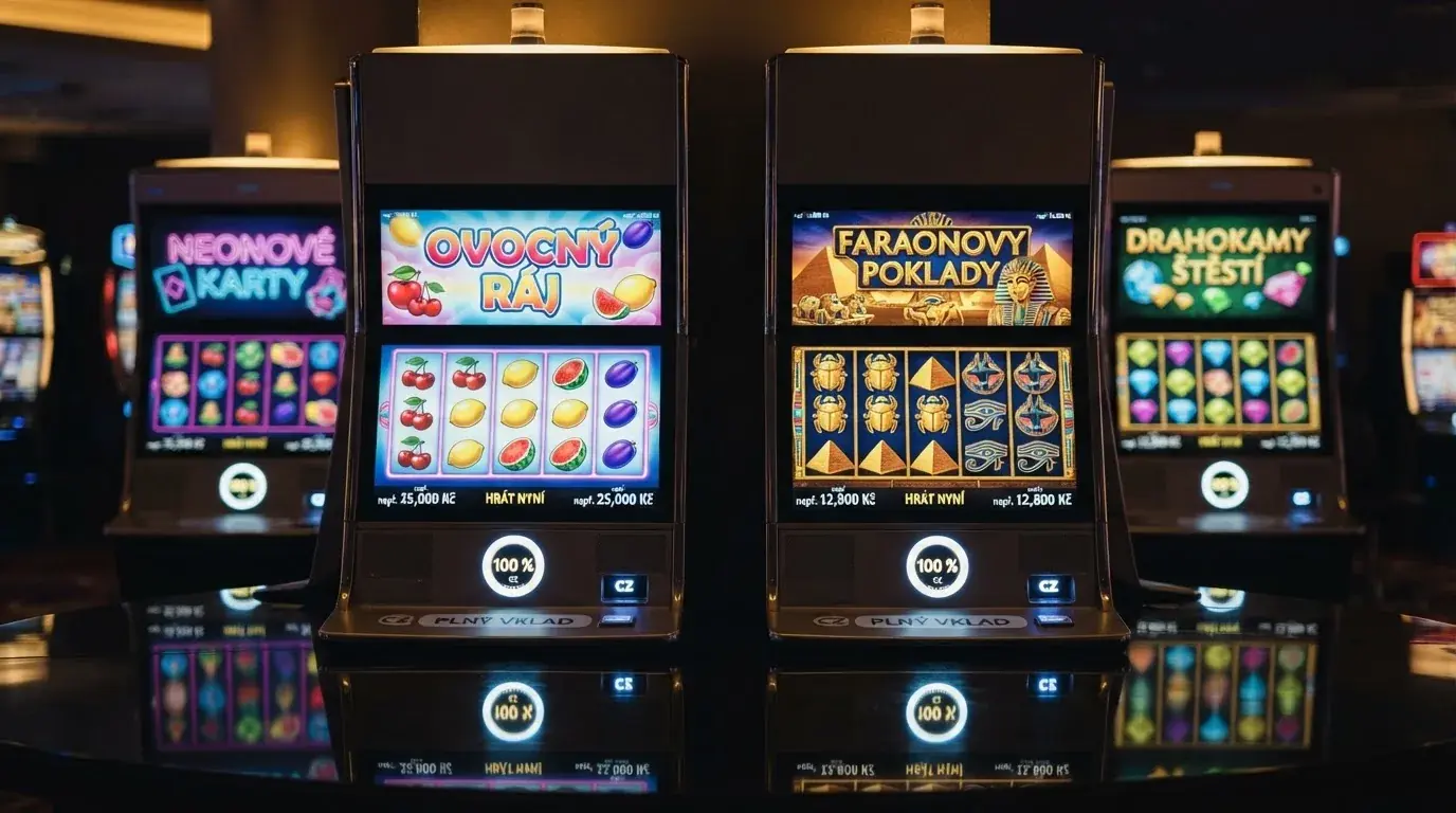 Dlaždice čtyř online automatů: v popředí slot s ovocem, vedle něj automat s egyptskou tématikou — u každého z nich ikona procenta RTP a poznámka „100 % do protočení“