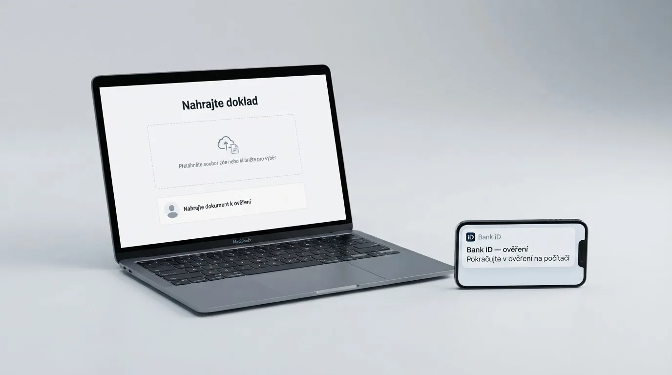 Obrazovka s výzvou k nahrání dokladu totožnosti a vedle ní mobil s notifikací Bank iD — proces ověření v českém online casinu