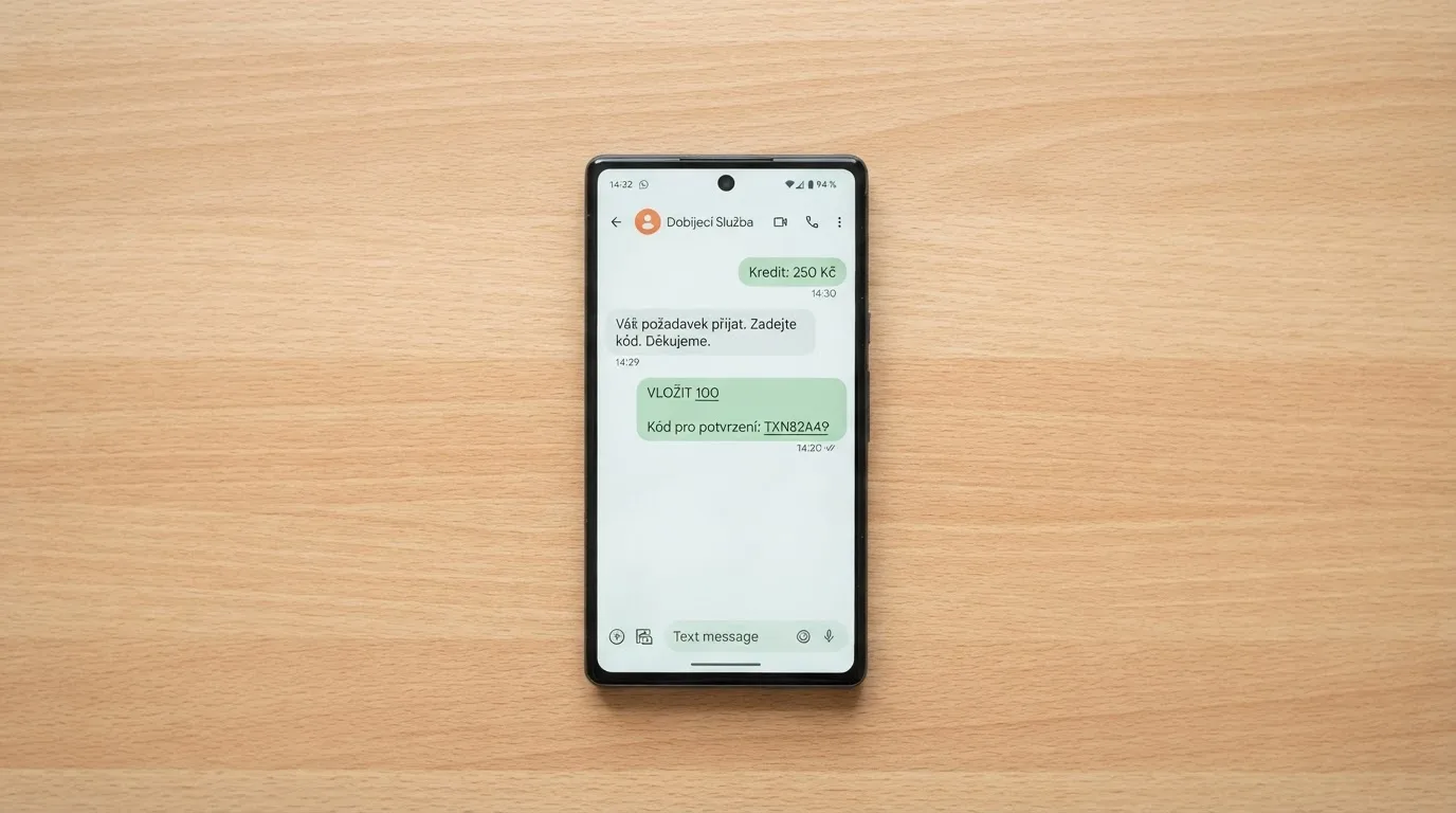 Displej telefonu s odeslanou SMS zprávou ve tvaru „TIPSPORT 100“ na číslo 90211, vedle viditelný zůstatek mobilního kreditu