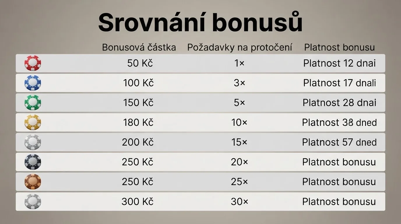 Tabulka s logy deseti licencovaných českých online casin a jejich aktuální nabídkou bonusu bez vkladu