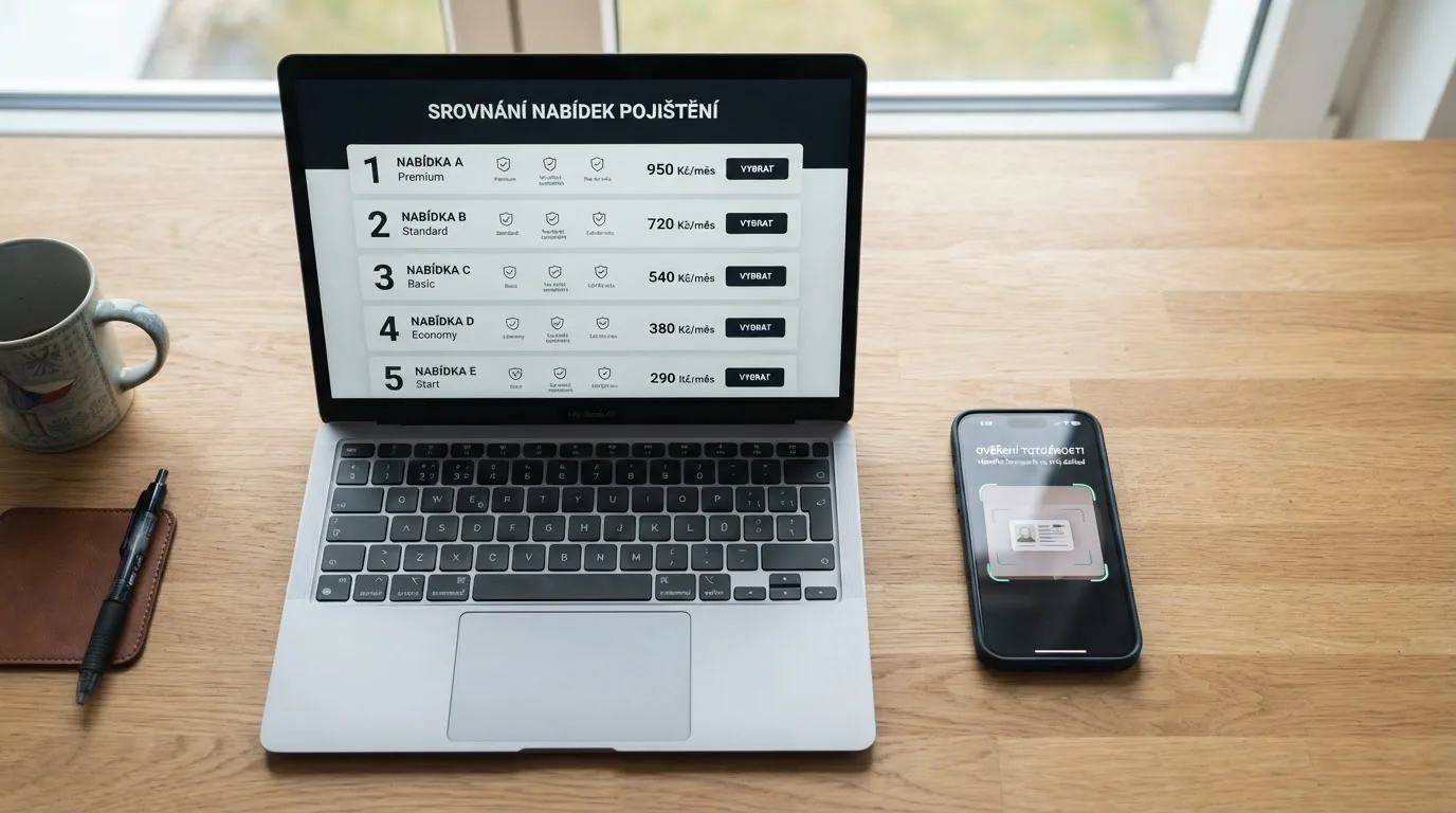 Infografika nebo srovnávací tabulka na obrazovce notebooku, vedle ní leží občanský průkaz a mobil s Bank iD