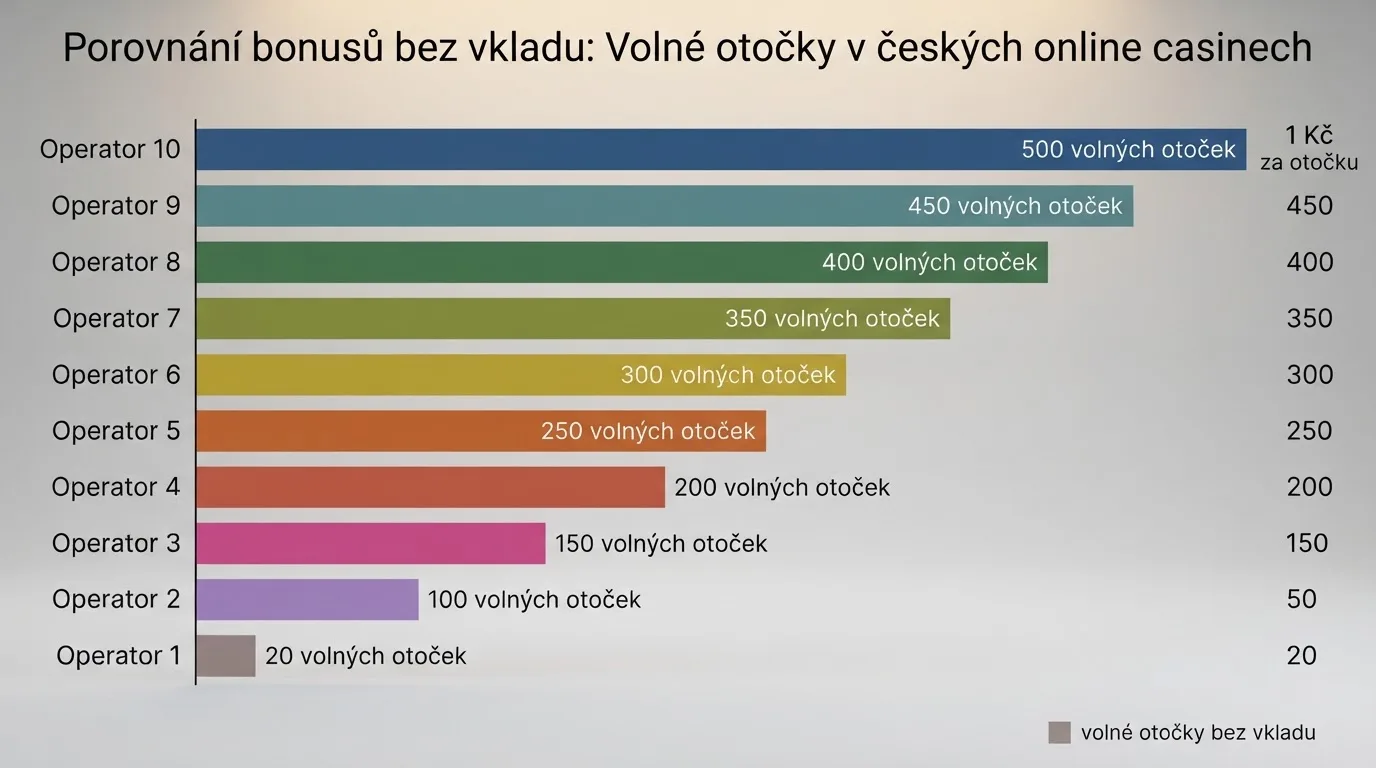 Srovnávací tabulka s logy deseti licencovaných českých online casin a počty jejich volných otoček