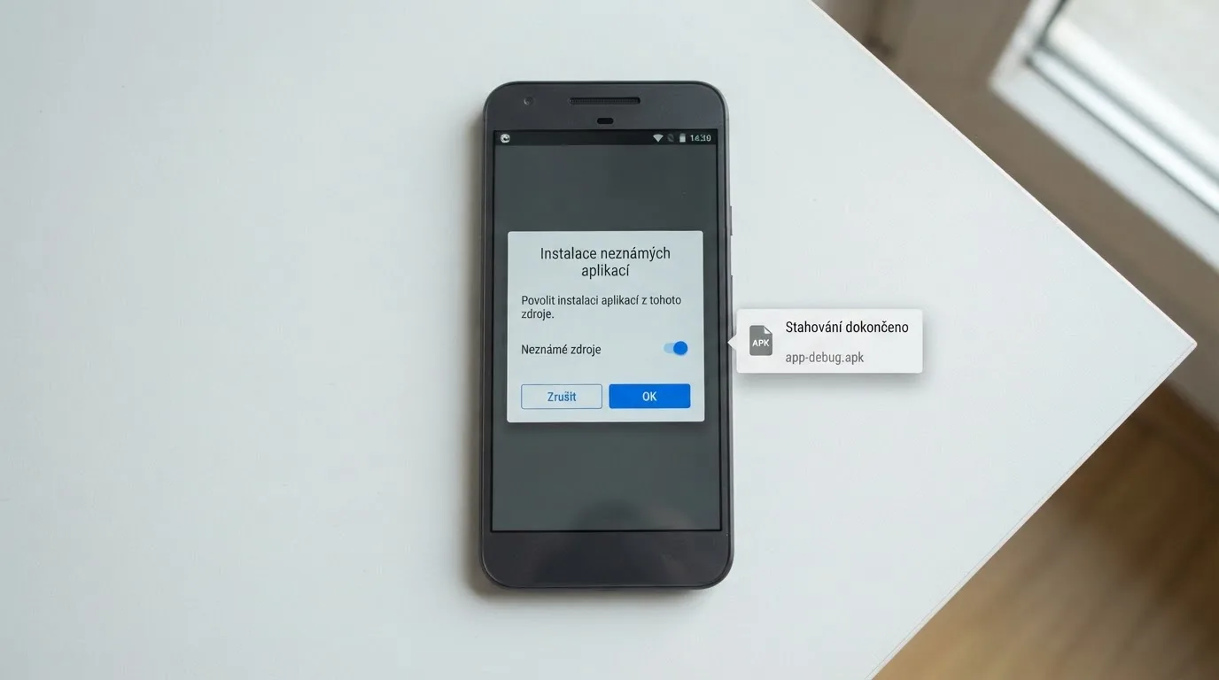 Obrazovka telefonu s Androidem zobrazující dialog povolení instalace z neznámých zdrojů a stažený APK soubor casino aplikace