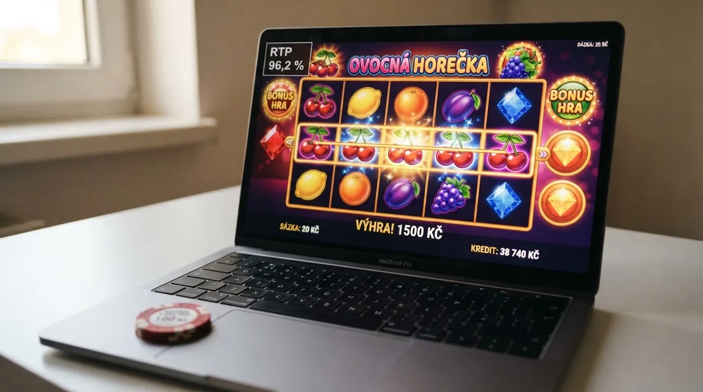 Detail online automatu s viditelnou informací o RTP a průběhem bonusové hry na obrazovce notebooku