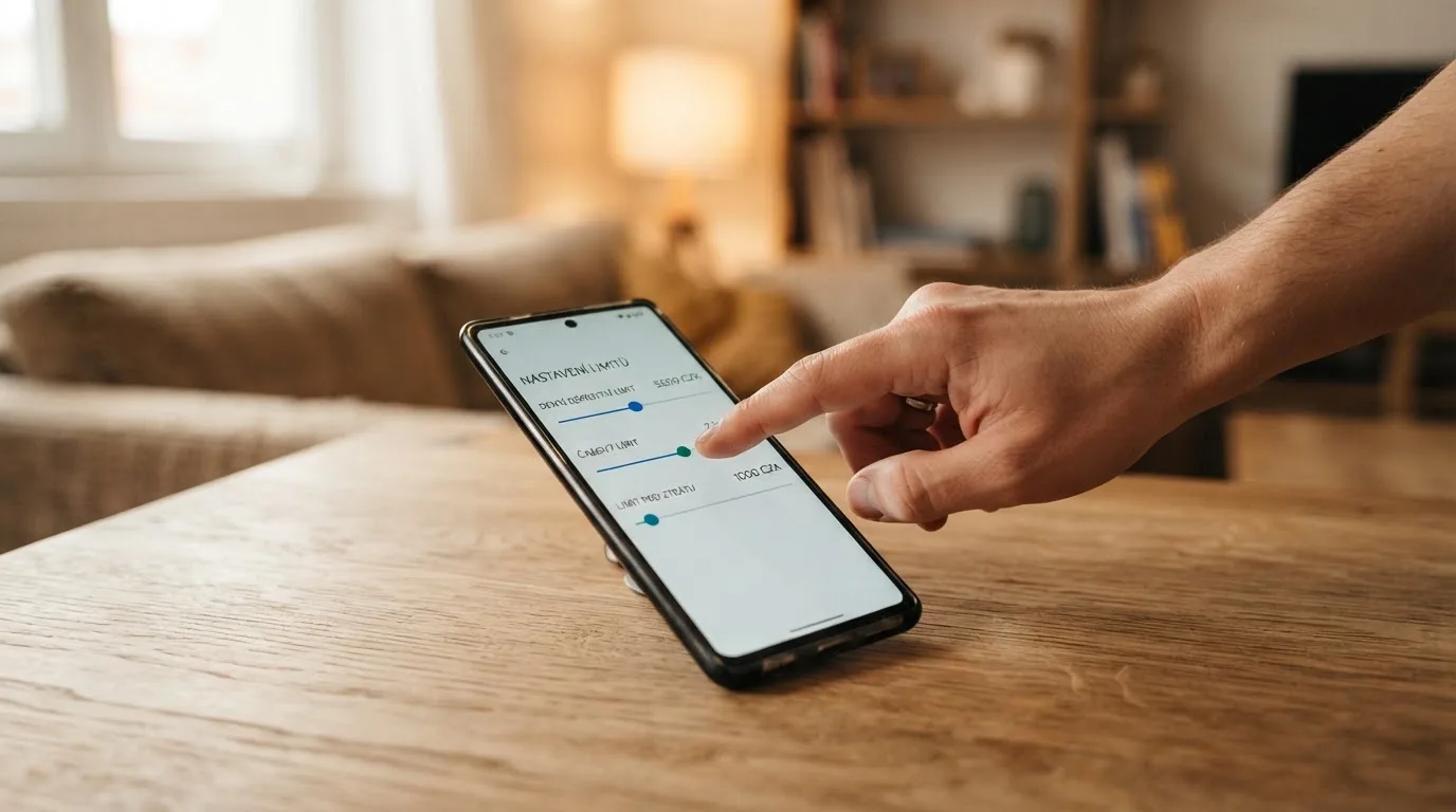 Rozcestník tří nástrojů: ikona nastavení limitů, ikona registru RVO, ikona panického tlačítka — vše na pozadí mobilního rozhraní casina